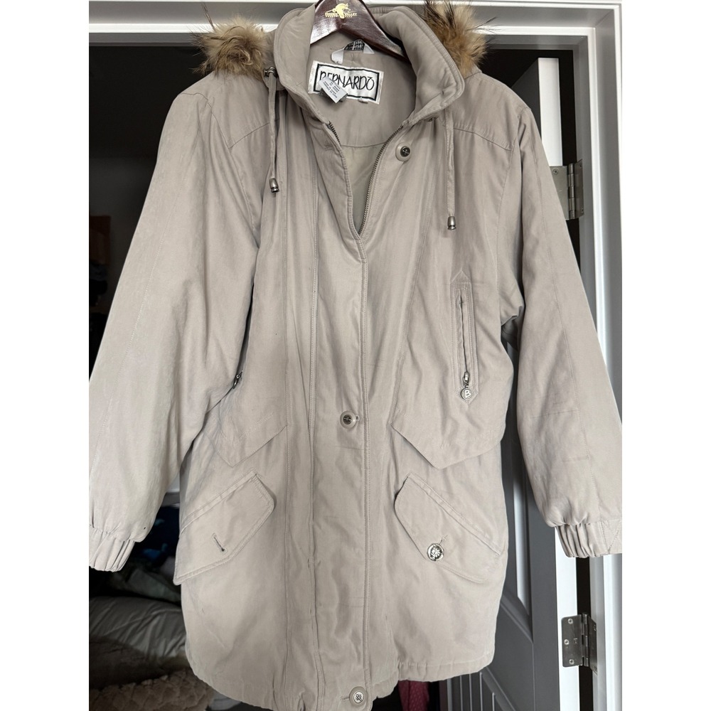 Bernardo Vintage Tan Parka Utility Jacket Raccoon Fur Trim Hooded Coat Grunge